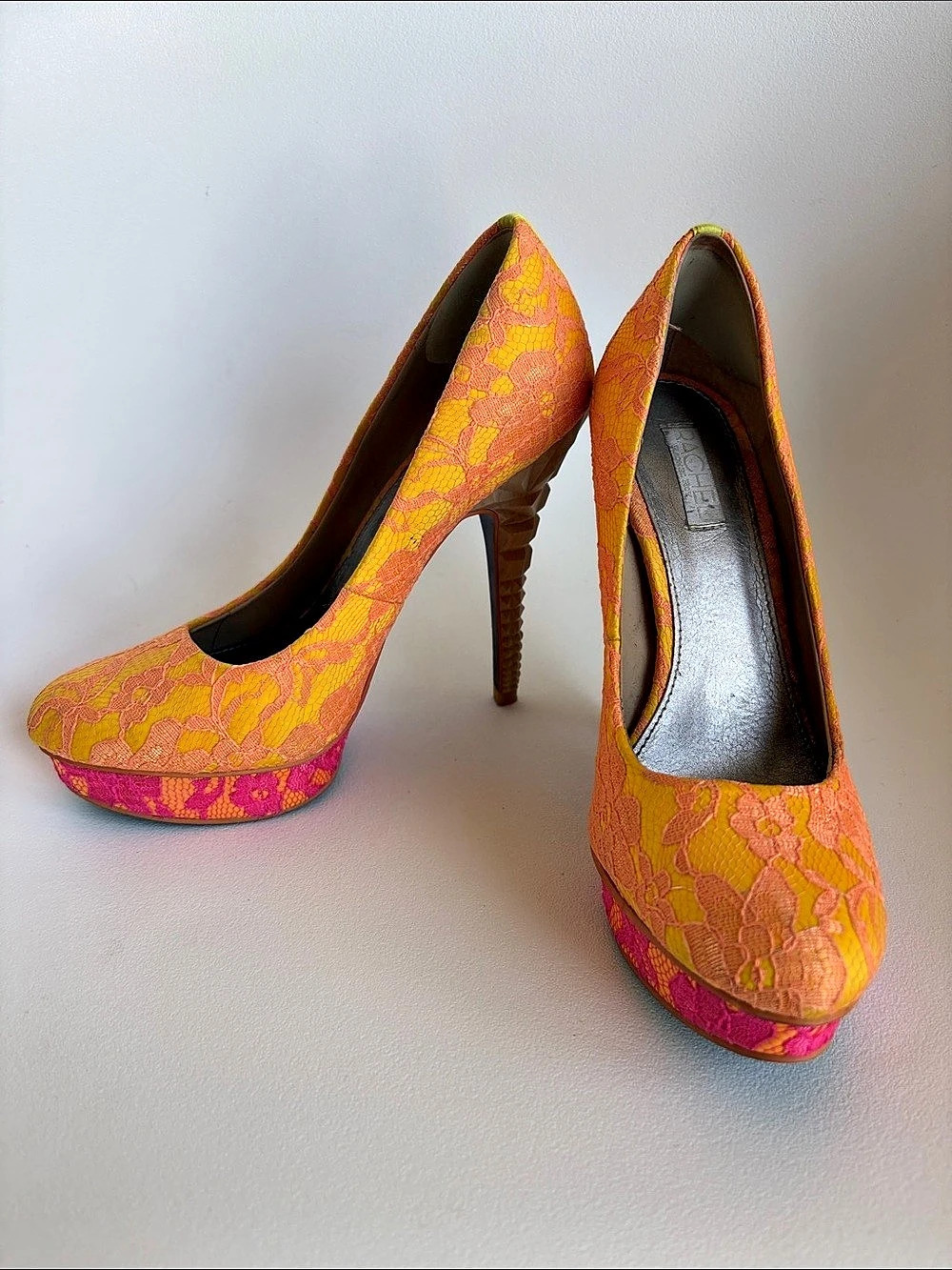Rachel Zoe Floral Platform Heels in Orange & Pink